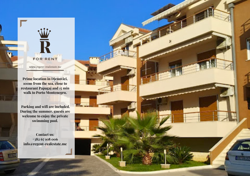 Jednosobni_izdavanje_rent_apartman_stan_djenovici_herceg novi_stan na dan_Montenegro_Regent_nekretnine_privatni smestaj Simbol regent real estate sa opisom nekretnine za izdavanje kratkorocno i tekst for rent. Slika zgrade kompleks Rivijera Djenovici, u kojoj se stan nalazi