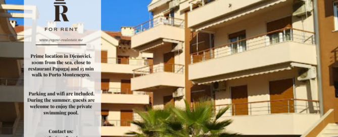 Simbol regent real estate sa opisom nekretnine za izdavanje kratkorocno i tekst for rent. Slika zgrade kompleks Rivijera Djenovici, u kojoj se stan nalazi